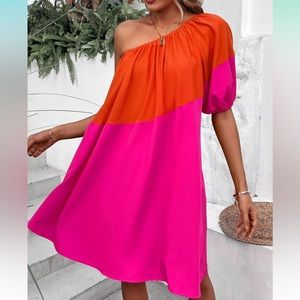 Women’s Casual One Shoulder Mini Babydoll Dress Puff Sleeve Loose Tiered XXL